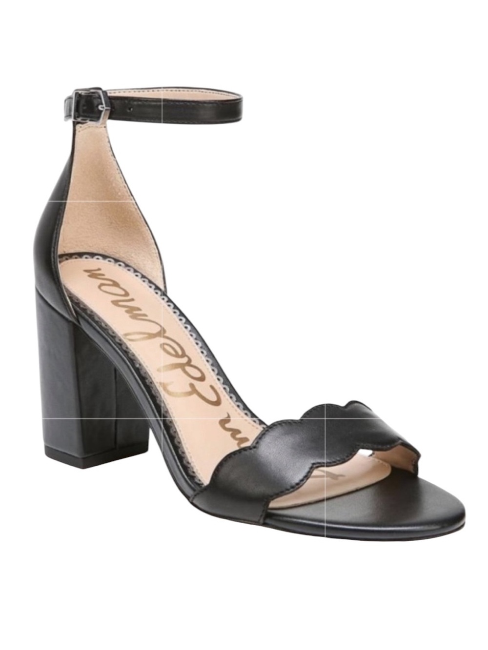 Sam Edelman Odila Scalloped Ankle Strap Black Leather Block Heel Sandal Size 9.5